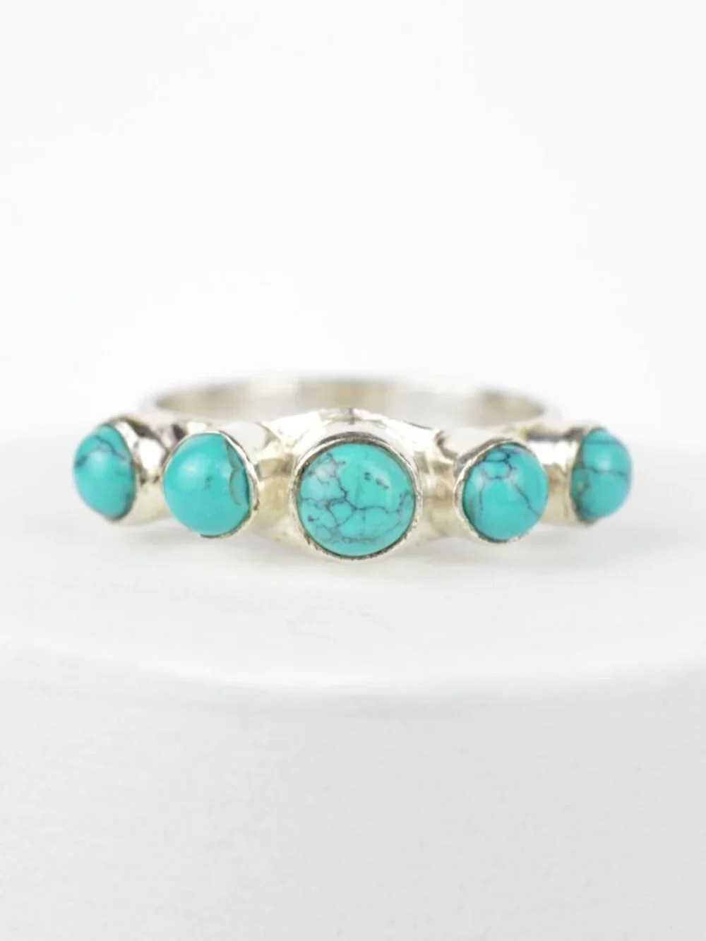 925 Sterling Silver Turquoise Ring 5-Stone Handmade Artisan Band Size 7.75, 3.8g
